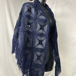 Vintage Crochet Leather Shawl Women  Navy Blue Grannycore Wool Fringe Wrap